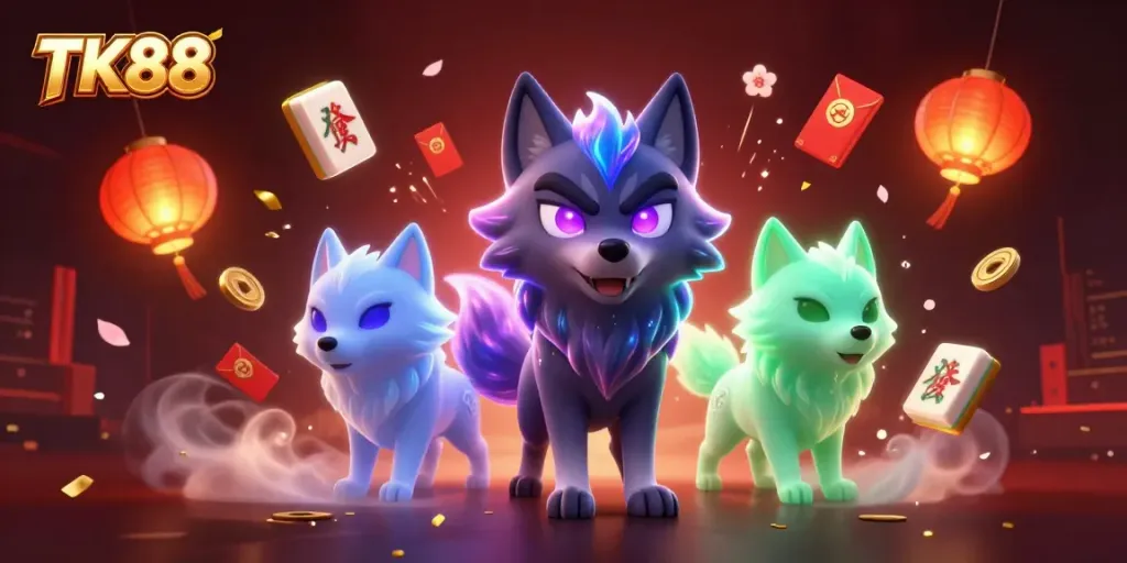 Engage with TK88's virtual casino world featuring mystical wolf characters in an exciting atmosphere.