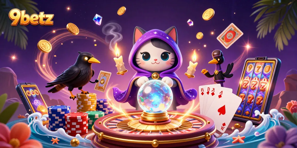 Engage in thrilling games at 9betz with a vibrant casino scene showcasing fortune teller mystic cat and glowing raven.