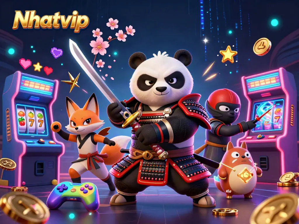 Nhatvip's dynamic online gambling scene featuring samurai panda and ninja fox.