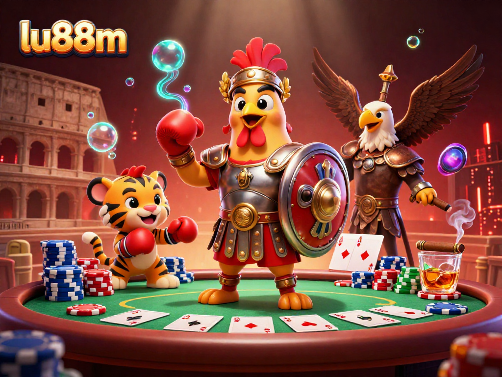 Experience thrilling gameplay with lu88m in a vibrant 3D casino scene featuring poker elements.