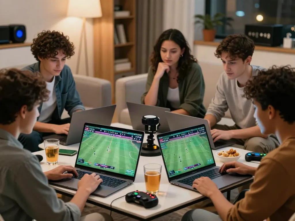 Friends engaging in online betting on FIVE88 during a live sports match.