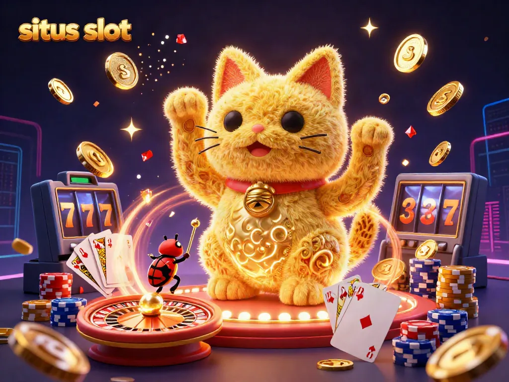 Experience the excitement of situs slot with a vibrant, golden lucky cat and cascading casino elements.