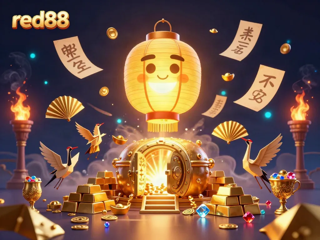 Experience the thrill of gaming with red88's vibrant casino scene featuring lucky symbols and golden treasures.