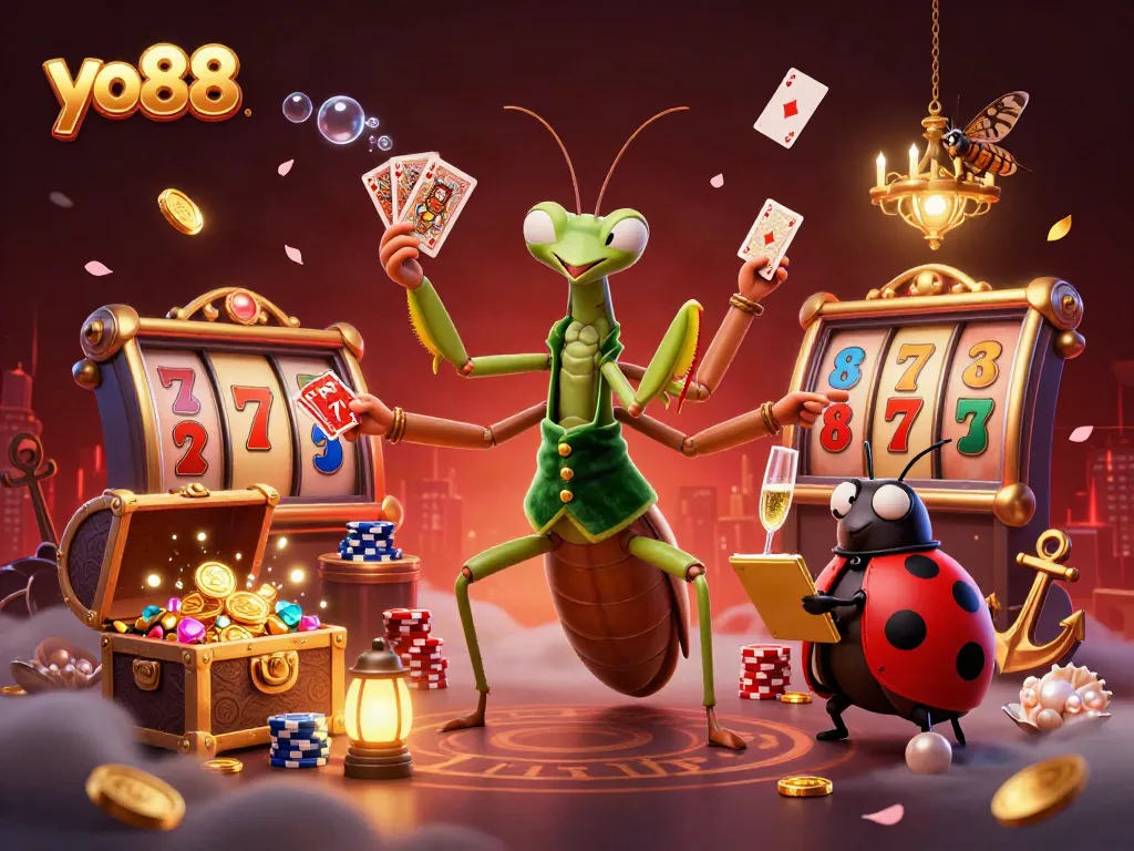 Experience thrilling gameplay with yo88's slot reels and vibrant characters in a vivid casino scene.