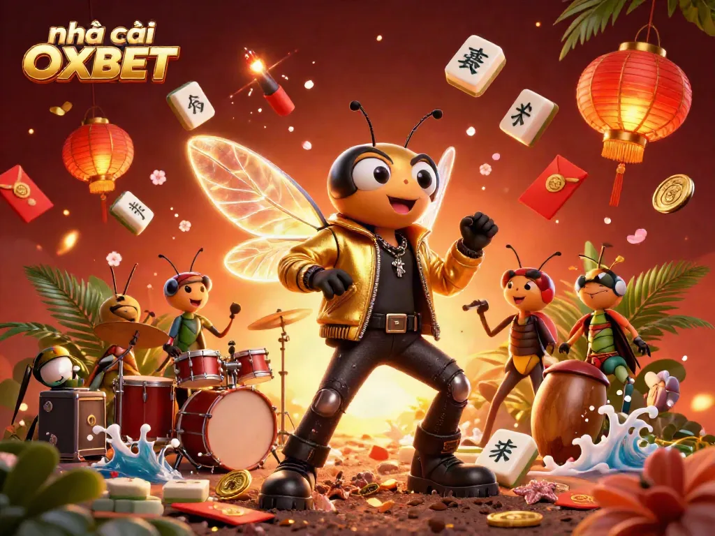 Experience the vibrant world of nhà cái OXBET with a dynamic scene featuring exciting gambling elements and characters.