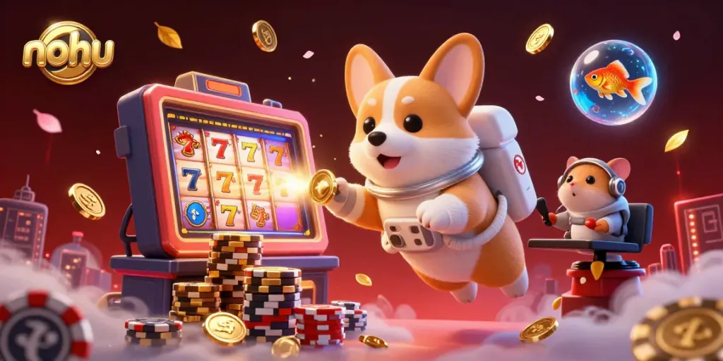 Experience the thrill of nohu casino gaming as a corgi astronaut floats among vibrant slot reels and jackpots.