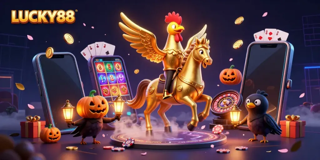 LUCKY88 golden rooster rides through a vibrant casino, showcasing dynamic gaming elements.