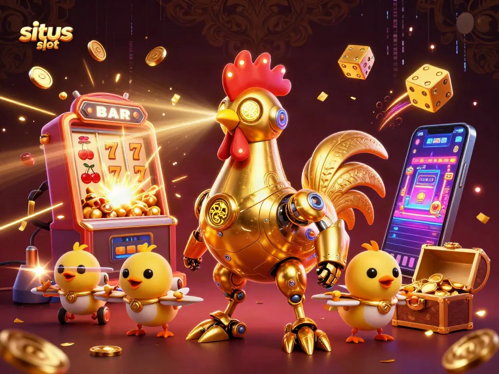 Situs slot dengan mesin slot 3D berjemput harta berkilauan dan karakter robot ayam emas menarik perhatian pemain.