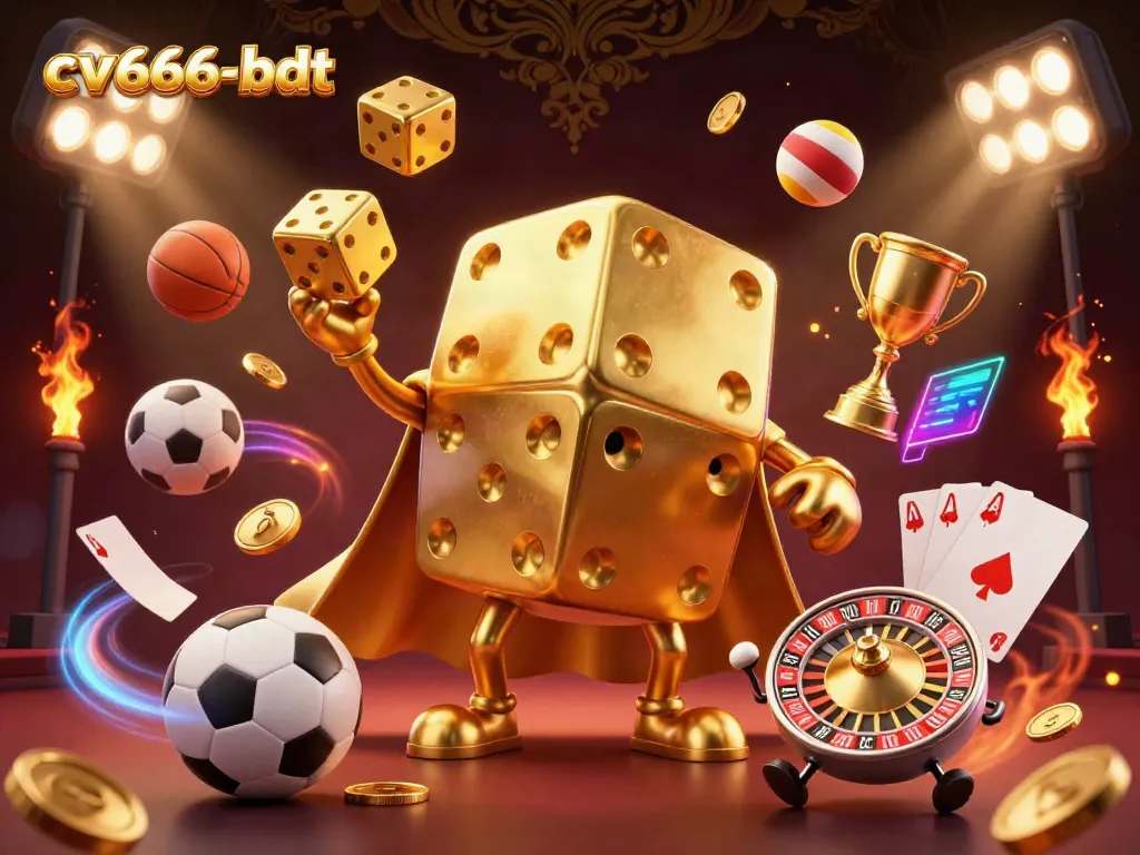 Experience the excitement of cv666-bdt with a lively 3D casino illustration showcasing dynamic game elements.