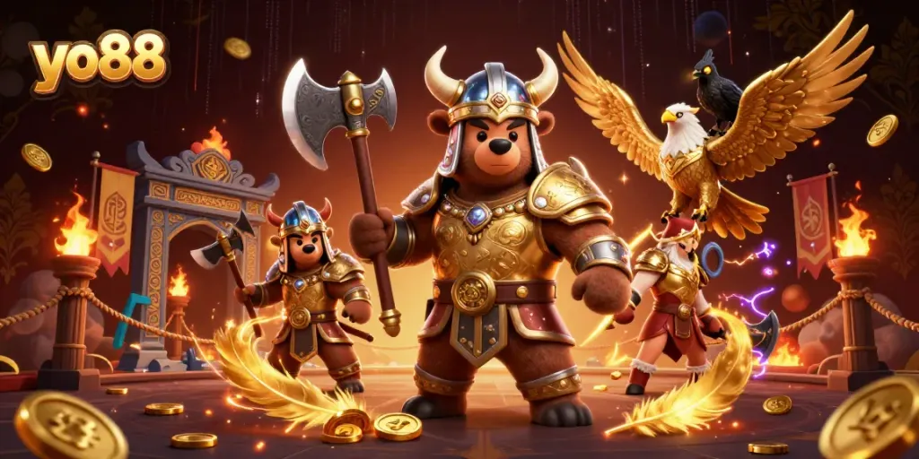 Engage with yo88's thrilling casino adventure featuring Viking bear and Valkyrie surrounded by gold.