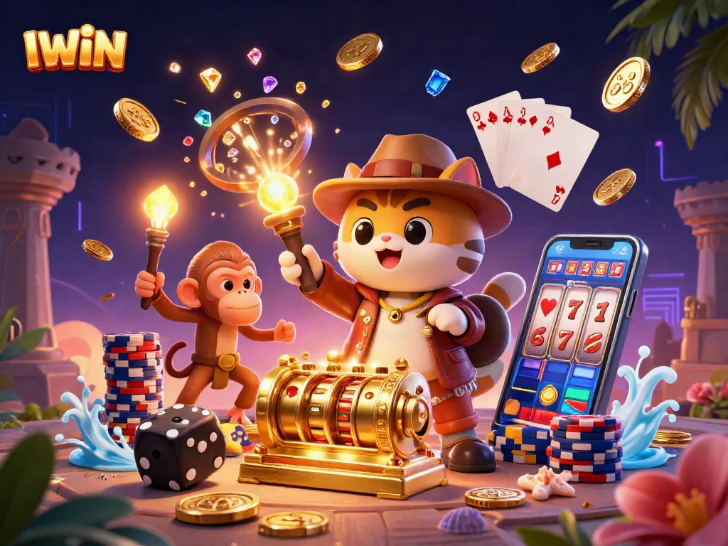 IWIN enhances gaming thrill with an explorer cat and monkey uncovering golden slot artifacts.