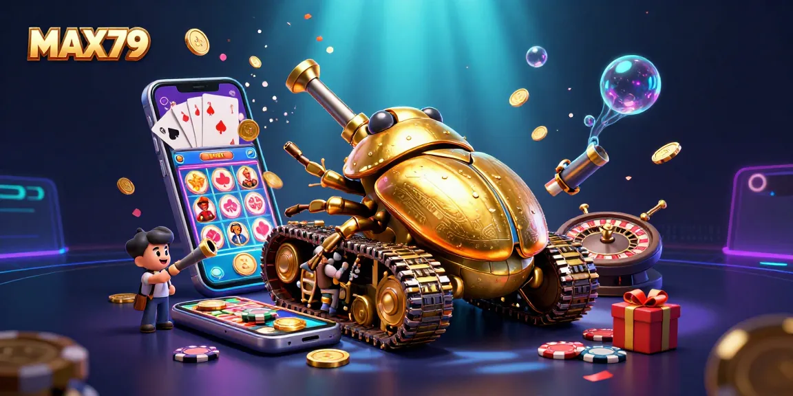 Engage with MAX79’s vibrant casino scene, featuring a gold beetle tank bursting with colorful gaming elements.