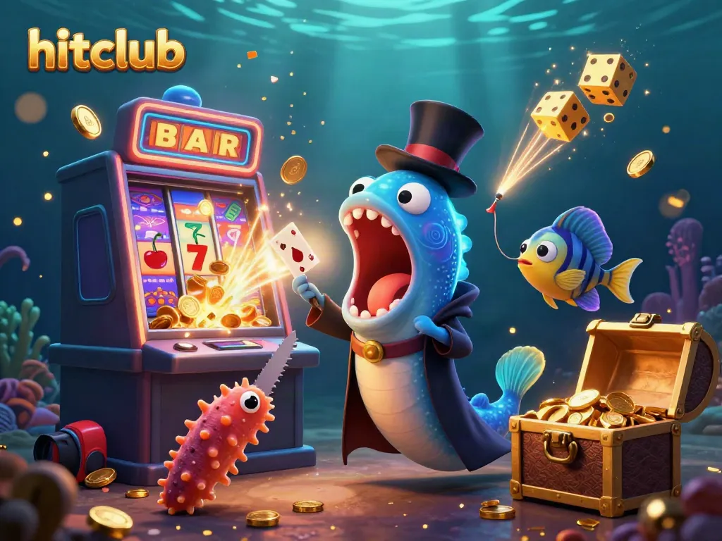 Hitclub promotional art showcasing a magical underwater jackpot scene with vibrant characters and casino elements.