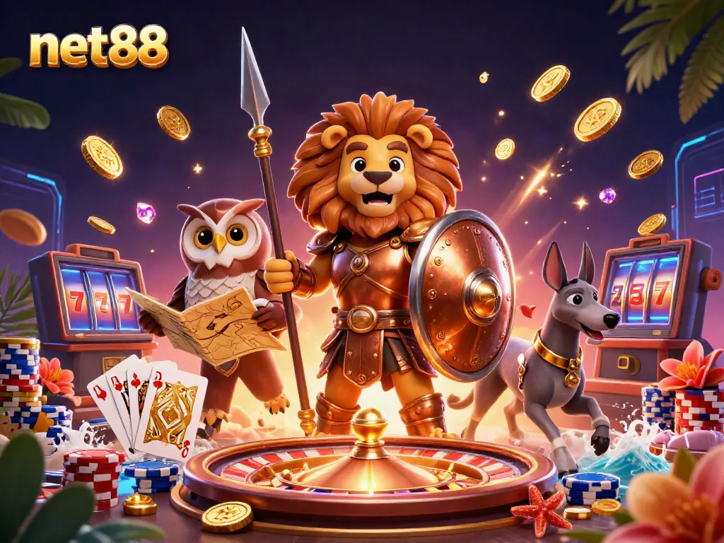 Join the adventure with net88 as a heroic lion, owl strategist, and swift greyhound gather for a dynamic casino experience.