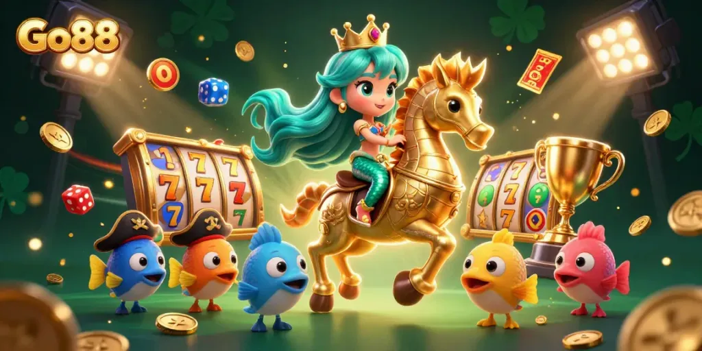 Bet on exciting adventures with Go88 in this vibrant 3D illustration of a mermaid and seahorse.