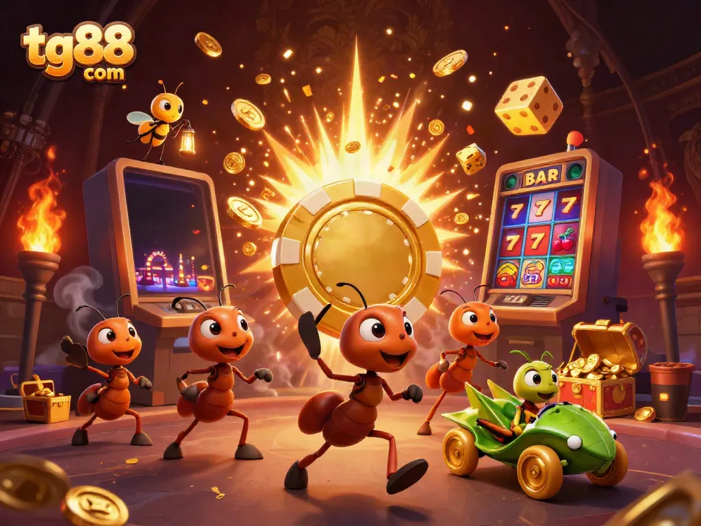 Engaging scene of ants heisting a poker chip, symbolizing tg88 com's exciting casino offerings with vibrant gaming elements.