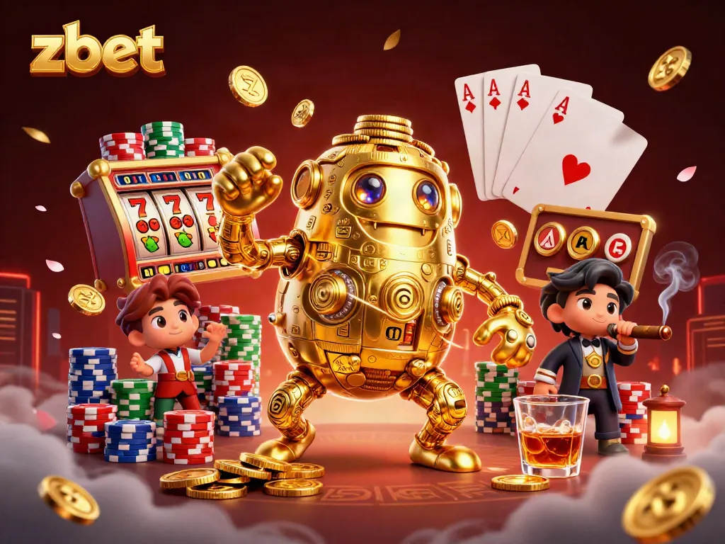 Experience winning with zbet's vibrant casino golem amidst thrilling slot symbols and poker chips.