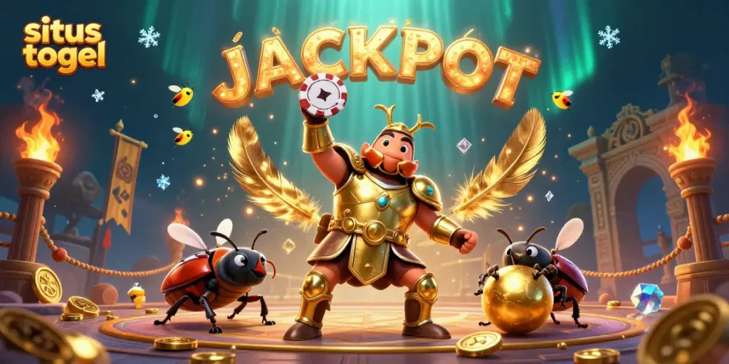 Situs togel illustrated with a hercules beetle celebrating victory, surrounded by dynamic casino elements.