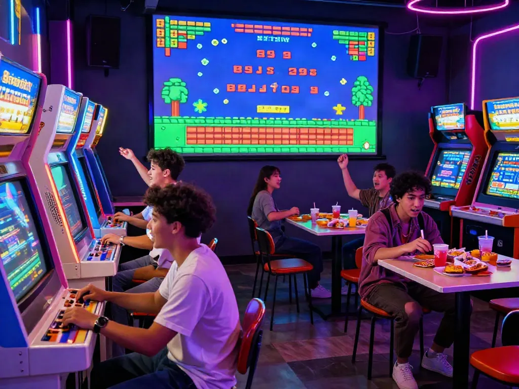 Players enjoying nostalgic arcade games at PECAH404, reconnecting with classic video game history in a vibrant setting.