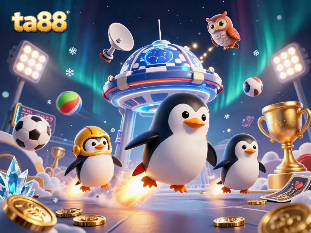Experience thrilling wins with ta88 as the golden penguin flies through a dynamic casino scene.