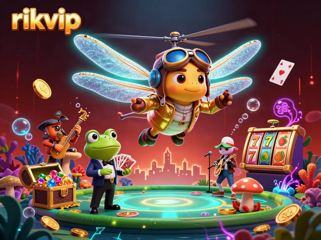 Play exciting games at the rikvip casino, featuring a dragonfly pilot, frog dealer, and vibrant underwater scenes.