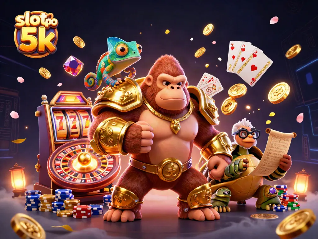 Experience the thrill of gaming with slot depo 5k, featuring vibrant characters in a rich casino scene.