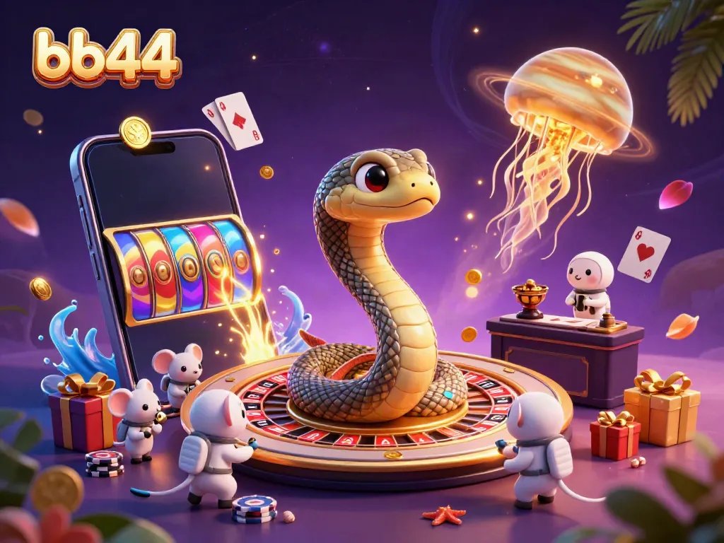 Experience thrilling betting action at bb44 with a cosmic roulette wheel and playful mice amidst colorful casino elements.