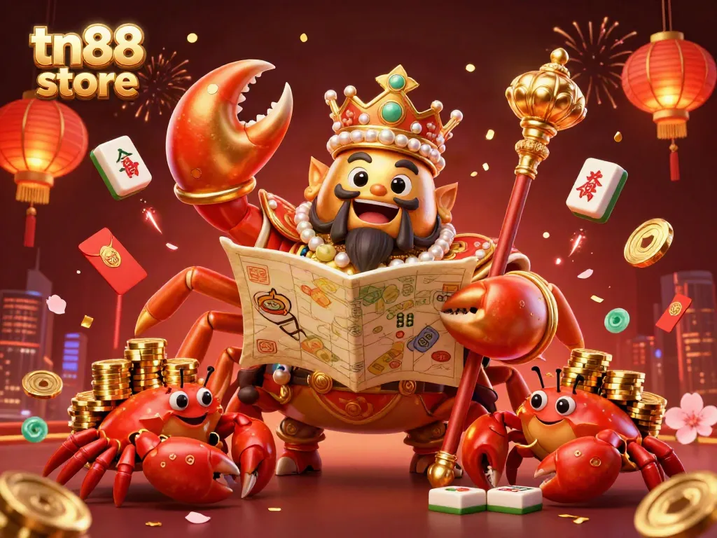 Experience the thrilling world of tn88 store with a vibrant 3D casino scene featuring golden crab emperor and game elements.