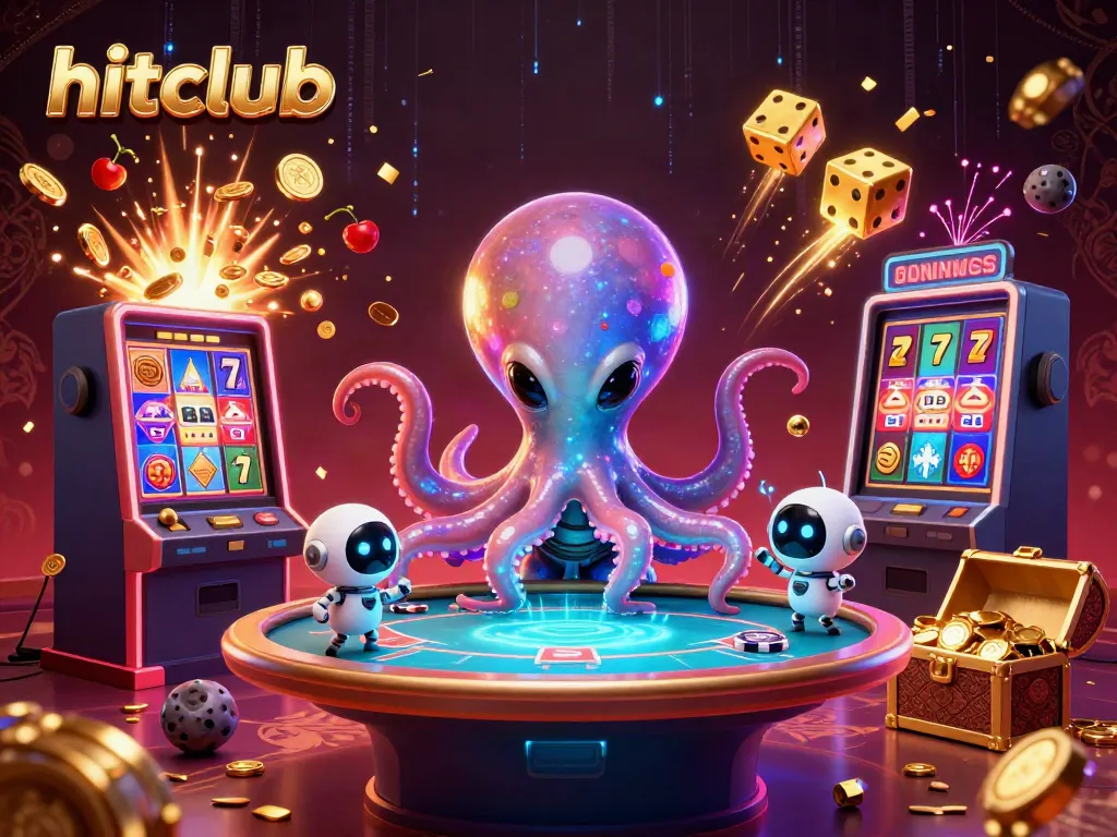 hitclub showcases immersive gaming with an alien octopus at a holographic poker table amidst dynamic slot casino action.