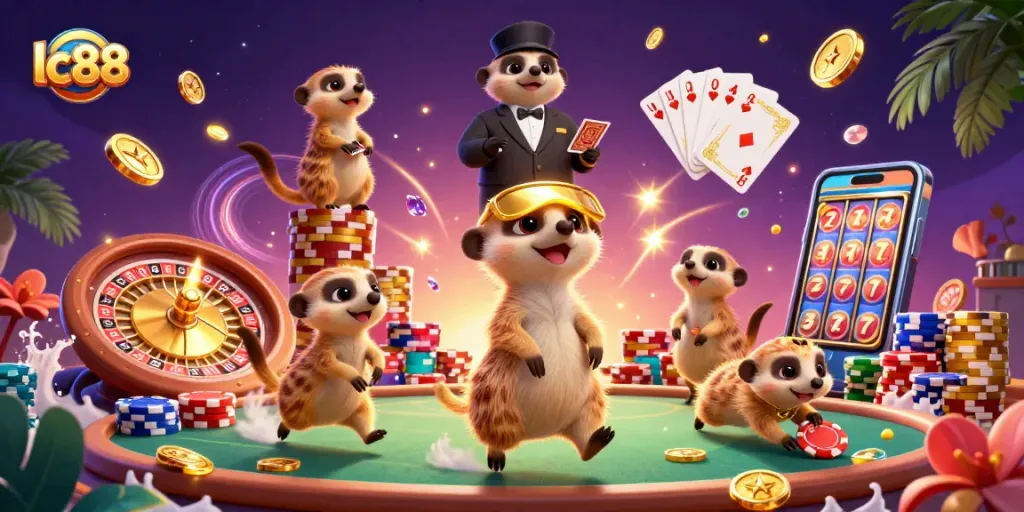 Enjoy exciting gameplay at lc88 Casino with playful meerkats managing chips and spinning wheels.