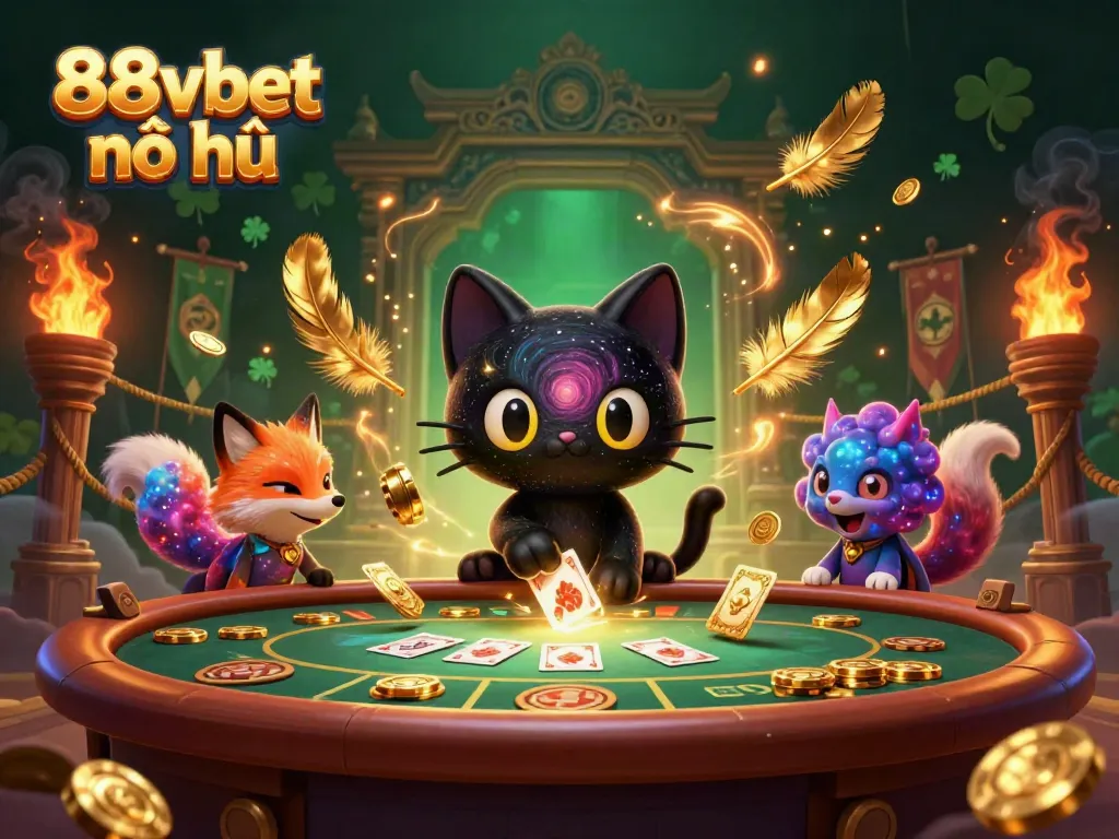 The 88vbet nổ hũ scene showcases a black hole cat at a cosmic casino table attracting chips and cards in a vibrant galaxy.