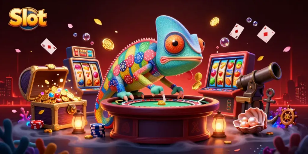 Engage with Slot reels in a vibrant casino scene featuring jewel-toned chameleons and gold coins.