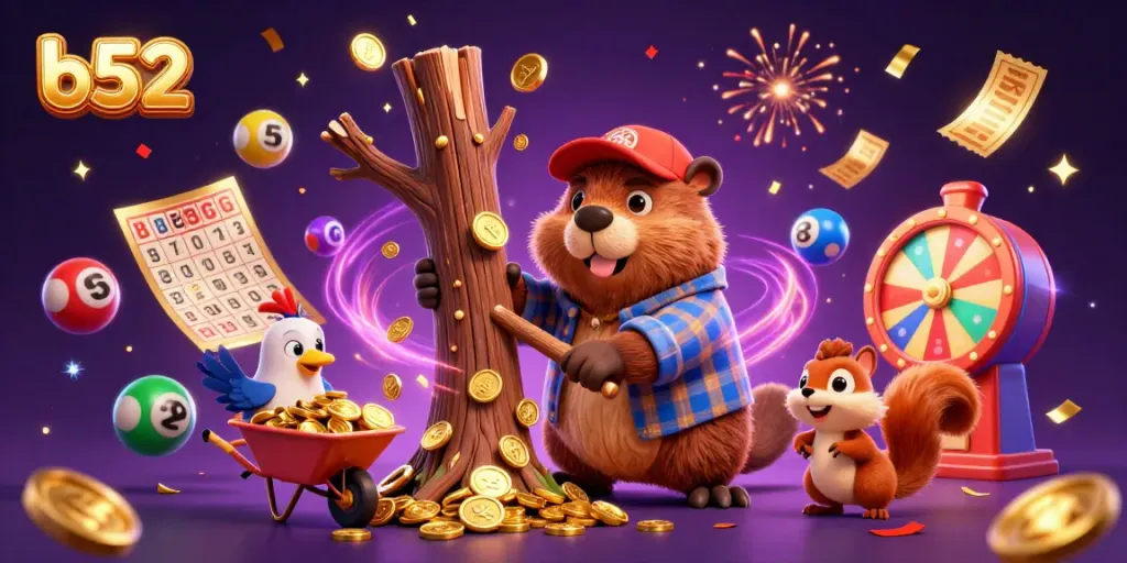 Experience the b52 excitement as the beaver wins golden coins in this lively casino illustration.