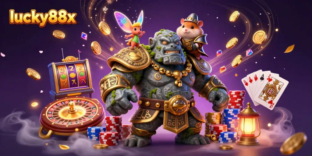 Engage with lucky88x featuring a dynamic scene of magical characters and casino-themed elements.