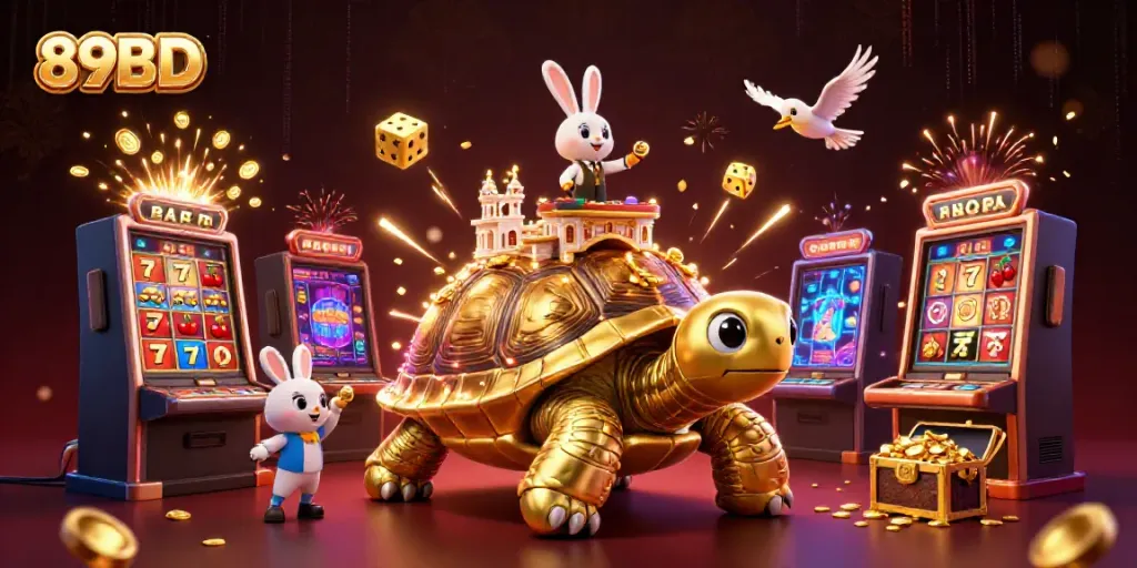 Experience thrilling games at 89BD with a vibrant slot machine, coins, and lavish casino scene.