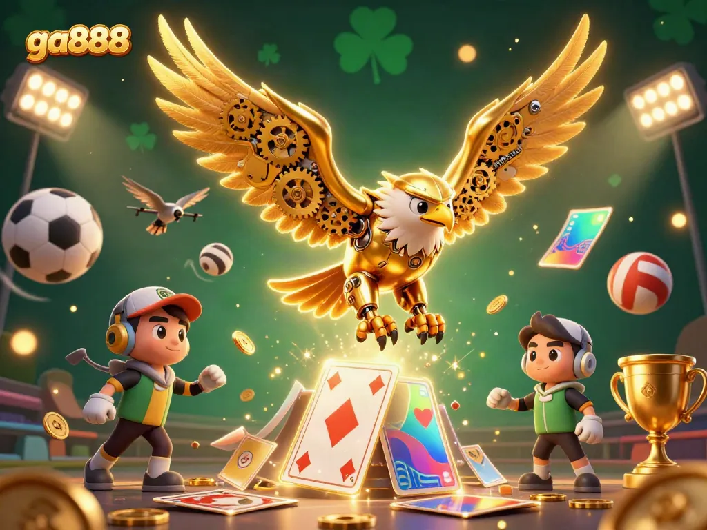 Experience thrilling gameplay with ga888 in a vibrant 3D casino scene, featuring a golden eagle and dynamic gaming elements.