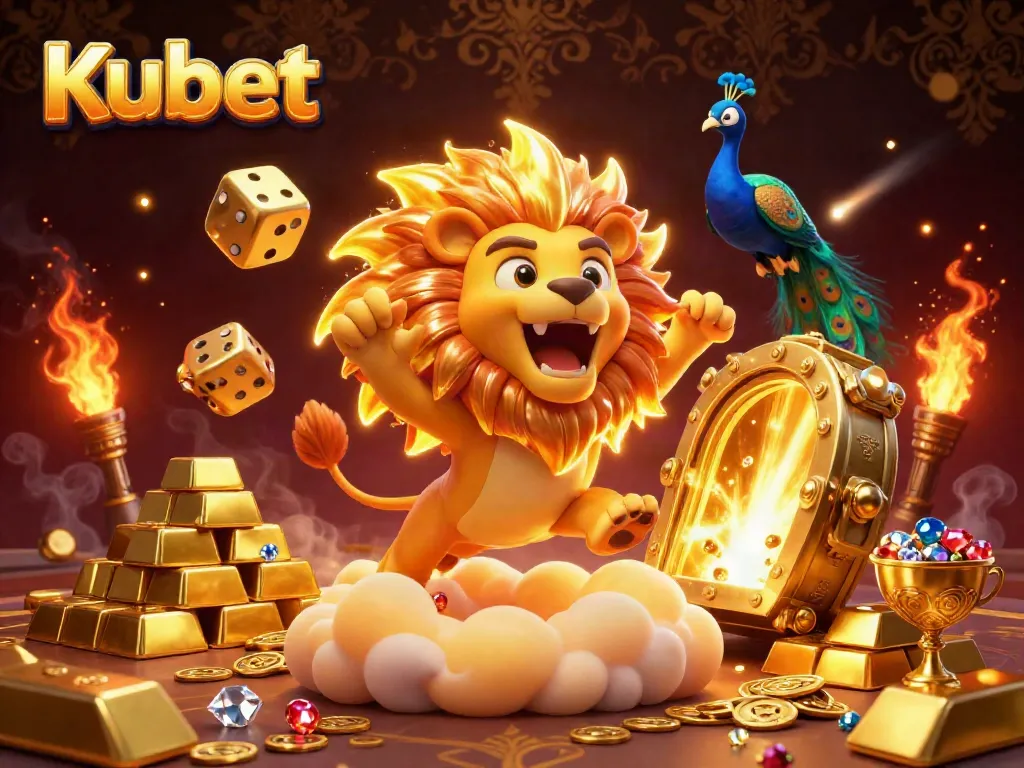 Kubet casino scene featuring a roaring sun lion surrounded by golden treasures, dice, and vibrant gaming elements.
