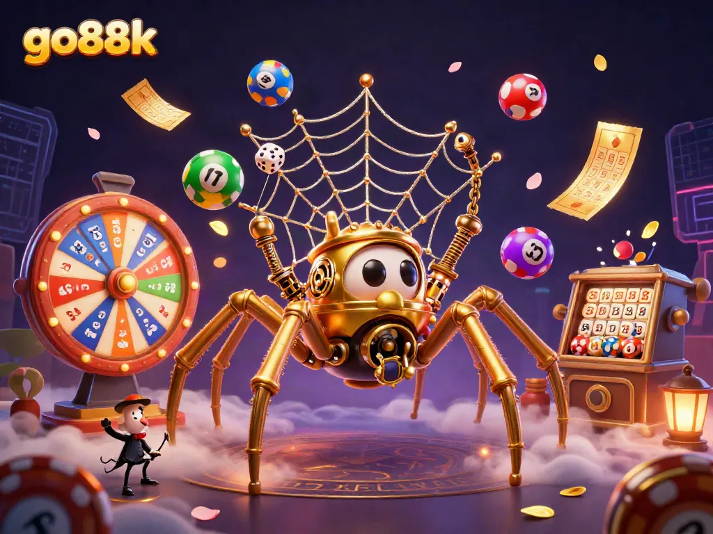 Engage with go88k's vibrant casino world: a 3D steampunk spider and colorful gambling elements.