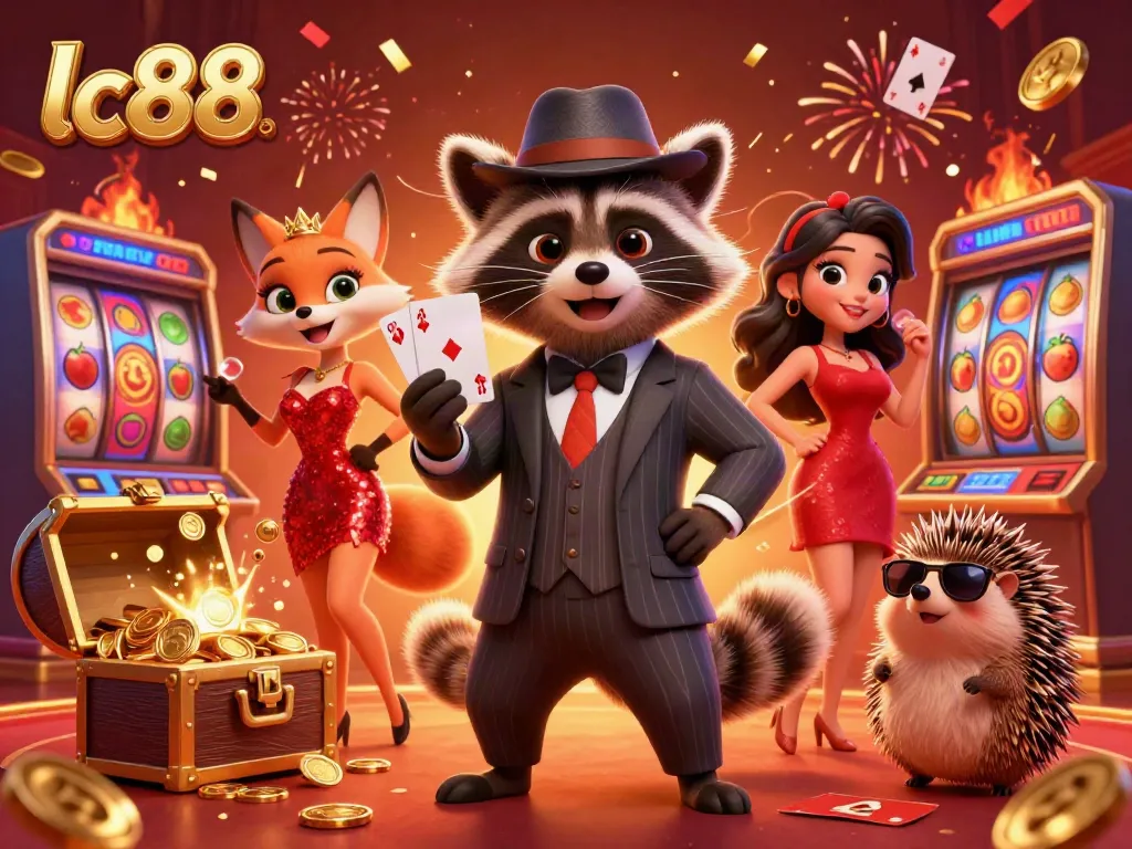 Experience the excitement of lc88 with a dynamic casino scene featuring a raccoon, fox, and hedgehog surrounded by slots and treasures.
