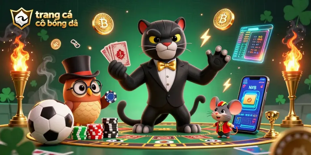 Engage in trang cá cược bóng đá with a stylish panther dealer, smart owl, and lucky mouse surrounded by soccer and betting elements.