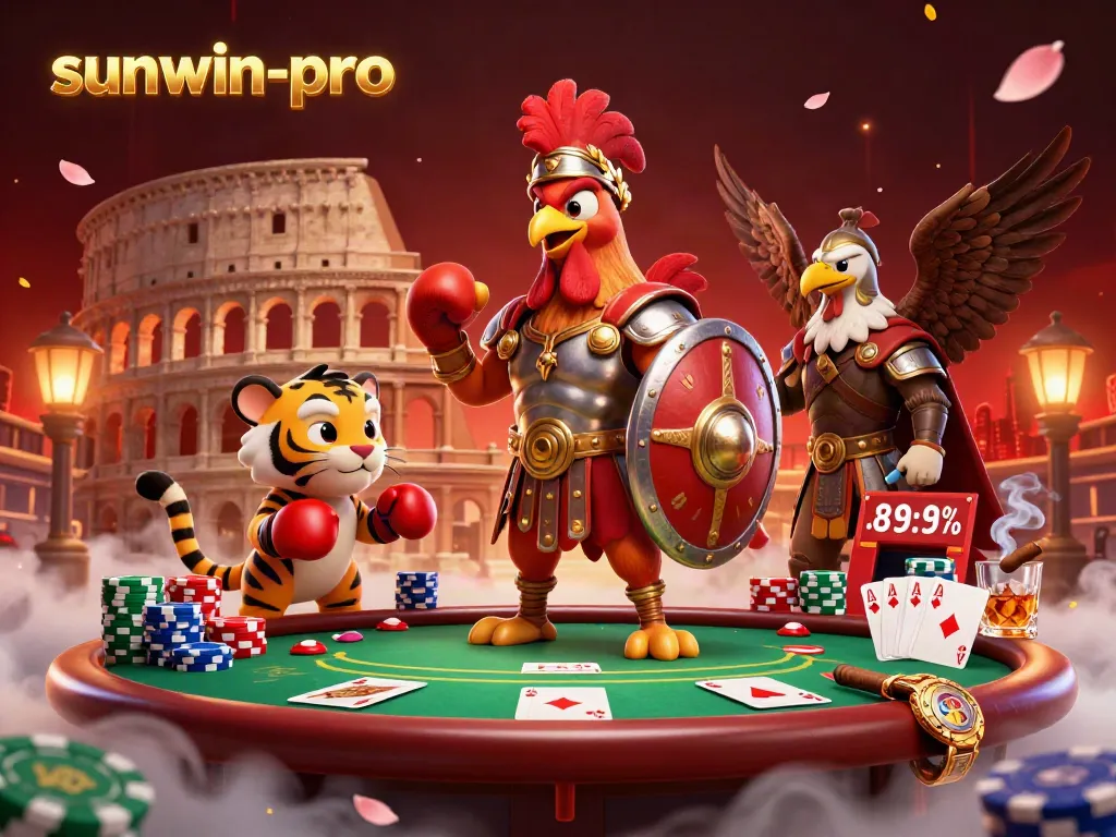 Experience thrilling action in a vibrant sunwin-pro casino scene with a gladiator rooster and playful tiger cub.