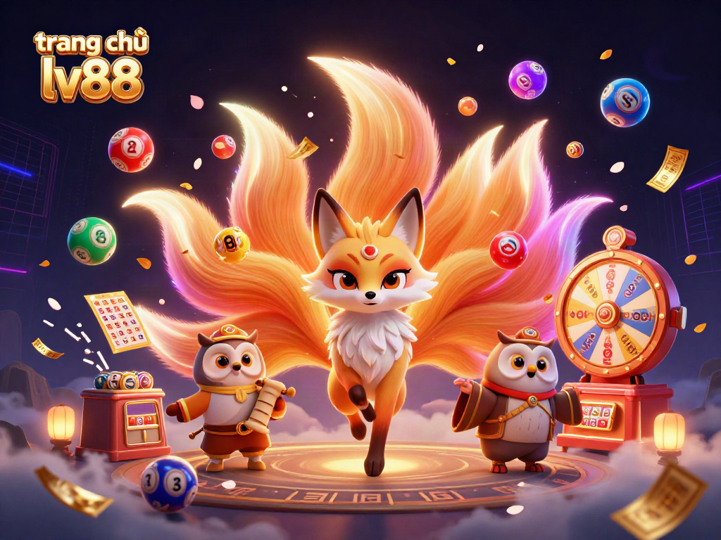 Experience the excitement of trang chủ lv88 with a vibrant 3D gambling illustration featuring a fox spirit and colorful lottery elements.