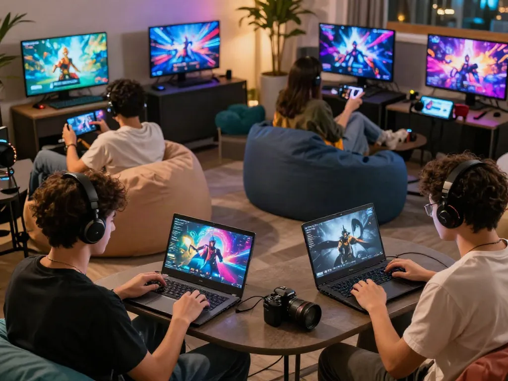 Engaging gaming scene showcasing diverse users enjoying garuda 404 on various devices in a vibrant lounge.