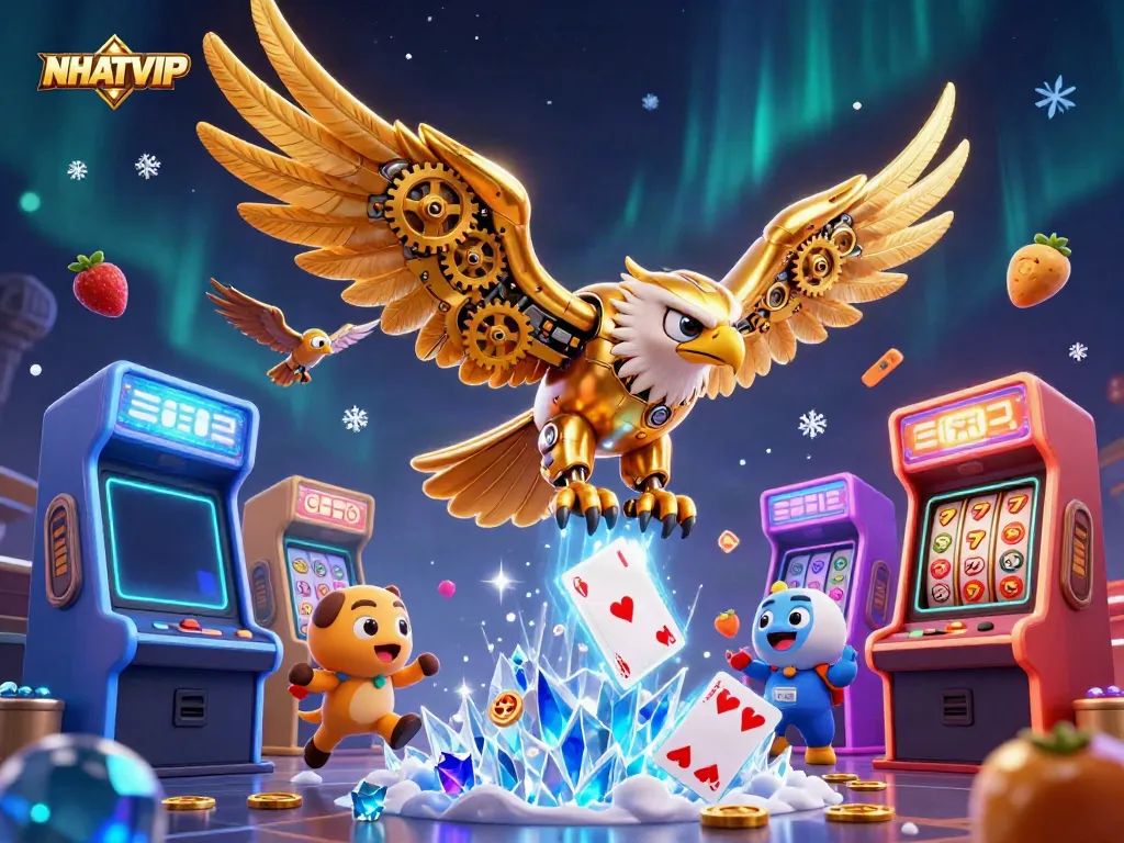 Experience the excitement of NHATVIP as a cybernetic eagle dives through glowing cards and arcade elements.